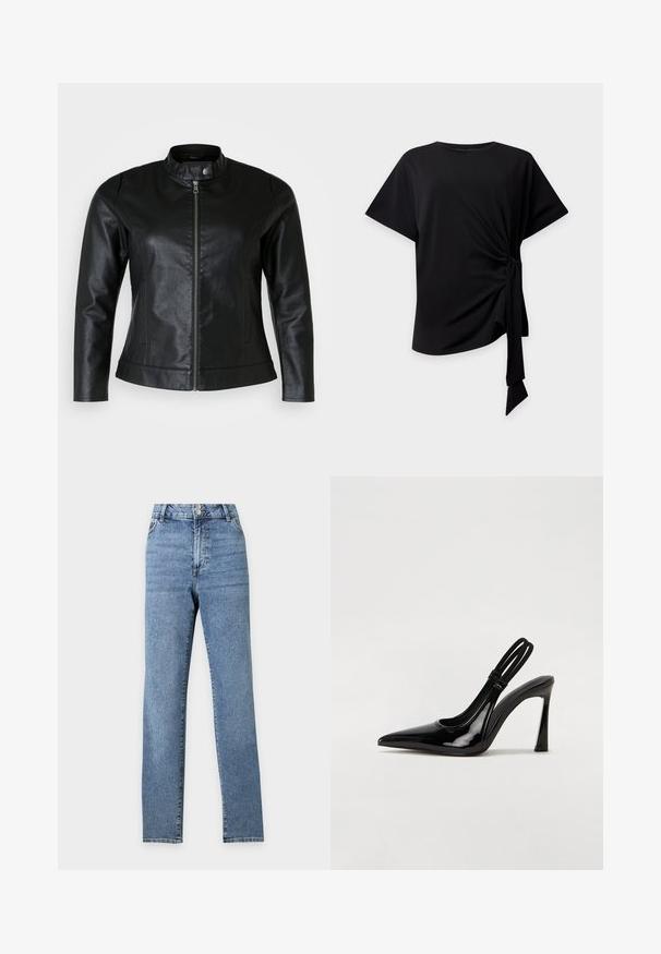 Schwarze Lederjacke mit rundem Kragen, Frontreißverschluss und zwei Seitentaschen. Glatte Textur mit leichtem Glanz und taillierter Passform.; Schwarzes kurzärmliges Oberteil mit rundem Ausschnitt und seitlichem Knoten, der einen gerafften Stoff und eine hängende Schleife auf hellem Hintergrund erzeugt.; Blaue, hoch taillierte Jeans mit geradem Bein, zwei vorderen Knöpfen und Taschen, vor einem einfarbigen hellen Hintergrund dargestellt.; Schwarze Lackleder Slingback-Pumps mit spitzem Zehenbereich, schlankem hohen Absatz und doppeltem elastischen Riemen für einen sicheren Sitz. Glatte, glänzende Oberfläche.