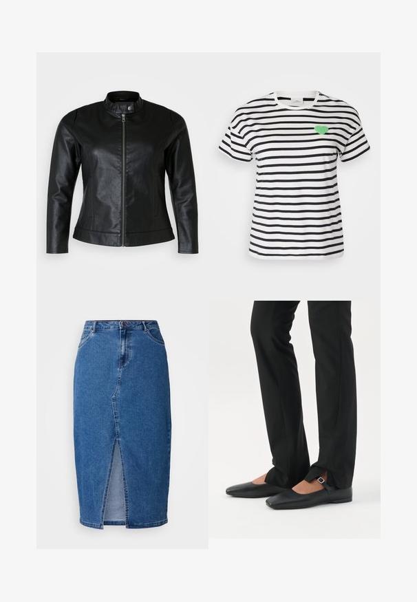 Zwarte leren jas met een ronde kraag, voorritssluiting en twee zijzakken. Gladde textuur met een lichte glans en een slank ontwerp.; Korteboom T-shirt met ronde hals in zwart-witte strepen, met een groen fuzzy hartpatch op de linkerkant van de borst.; Denimrok in medium blauw met een voorste split, hoge taille, vijf zakken en ceintuurlussen. De stof heeft een gestructureerde afwerking.; Benen met zwarte smalle broek met voorsplitten aan de zoom, gecombineerd met zwarte platte Mary Jane-schoenen met een klein gespje.