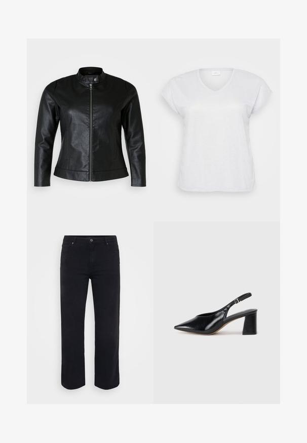 Schwarze Lederjacke mit rundem Kragen, Frontreißverschluss und zwei Seitentaschen. Glatte Textur mit leichtem Glanz und taillierter Passform.; Weißes, kurzärmliges V-Ausschnitt-T-Shirt mit einem subtilen Schimmer-Effekt, das einen lässigen Schnitt aufweist und keine sichtbaren Muster oder Akzente hat.; Schwarze Denim-Jeans mit einem geraden Bein-Design. Merkmale sind ein Knopfverschluss an der Taille, Gürtelschlaufen und Vorder-/Gesäßtaschen. Glatte Textur.; Schwarzer Leder-Slingback-Schuh mit spitzem Zehenbereich und klobigem Absatz. Verfügt über einen Riemen mit einer silbernen Schnalle und einer glatten Oberflächenstruktur.