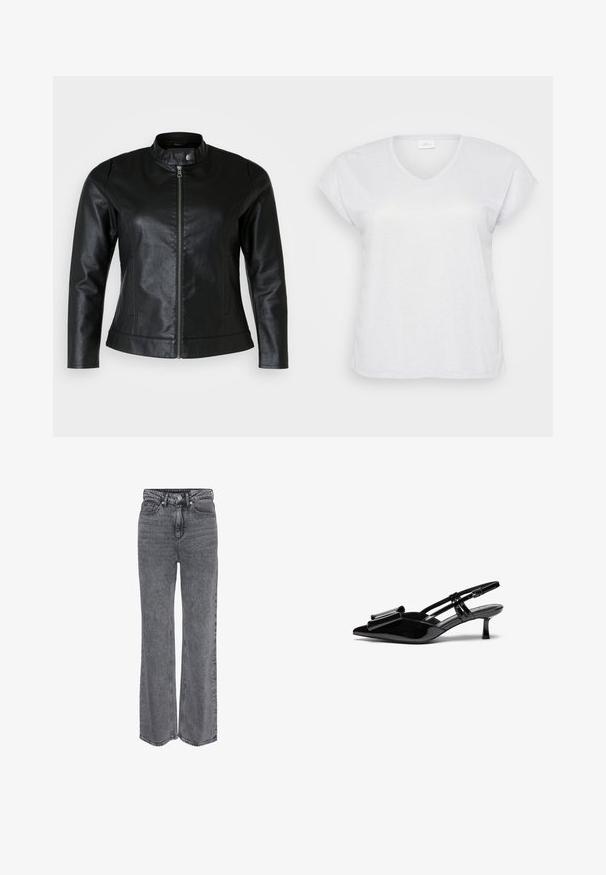 Schwarze Lederjacke mit rundem Kragen, Frontreißverschluss und zwei Seitentaschen. Glatte Textur mit leichtem Glanz und taillierter Passform.; Weißes, kurzärmliges V-Ausschnitt-T-Shirt mit einem subtilen Schimmer-Effekt, das einen lässigen Schnitt aufweist und keine sichtbaren Muster oder Akzente hat.; Graue Denim-Jeans mit hoher Taille und geradem Bein, vorne mit Knöpfen und Reißverschluss sowie klassischem Fünf-Taschen-Design.; Schwarze Lackleder-Slingbacks mit spitzer Zehenpartie, einer Schleifendetail an der Vorderseite und einem kleinen Stiletto-Absatz. Die Riemen haben verstellbare Schnallen.