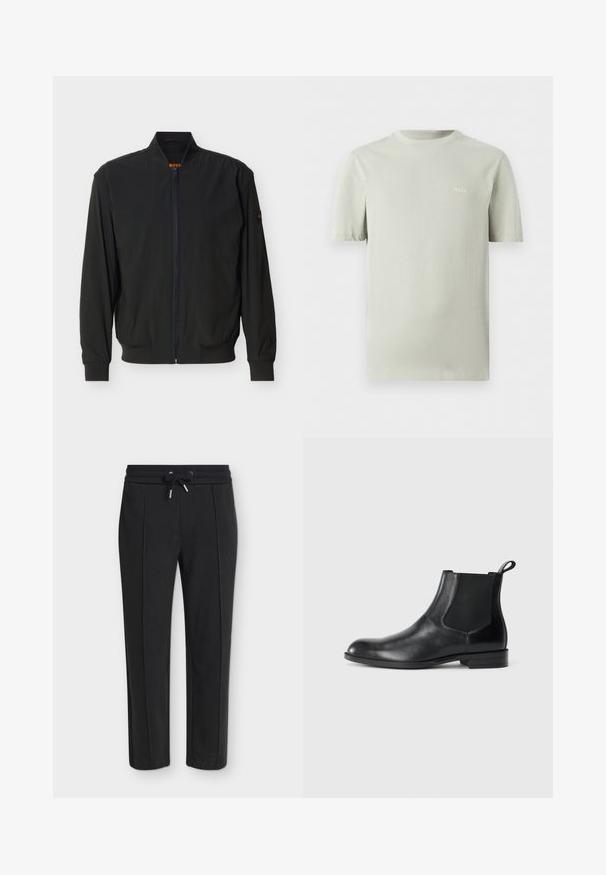 Veste bomber légère noire avec fermeture éclair, col, poignets et ourlet côtelés, et logo discret sur le col et la manche.; T-shirt gris clair à manches courtes avec col rond et petit logo blanc "HUGO" sur la poitrine gauche.; Pantalon noir fuselé avec une taille élastique et un cordon, présentant une subtile texture côtelée verticale.; Bottine en cuir noir avec des panneaux latéraux élastiques, bout rond et tirette. Texture lisse, semelle plate, design minimaliste.