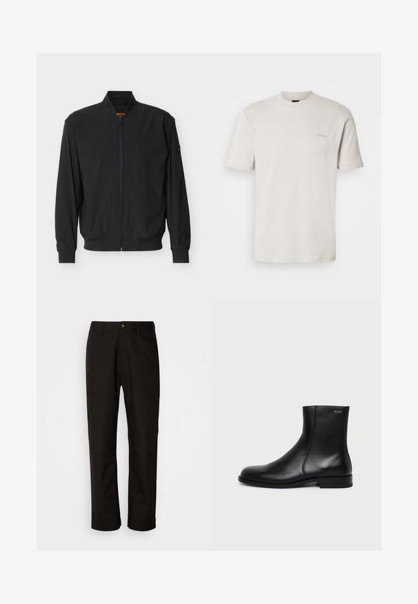 Veste bomber légère noire avec fermeture éclair, col, poignets et ourlet côtelés, et logo discret sur le col et la manche.; T-shirt à manches courtes de couleur beige clair unie, col rond, avec un petit logo "BOSS" brodé sur le côté gauche de la poitrine.; Pantalon en coton noir avec une coupe droite, des passants de ceinture, une fermeture éclair à l'avant et un seul bouton. Texture lisse sans motifs visibles.; Bottine en cuir noir à talon bas, couture latérale et petit logo "HUGO" sur le revers supérieur sur un fond uni.