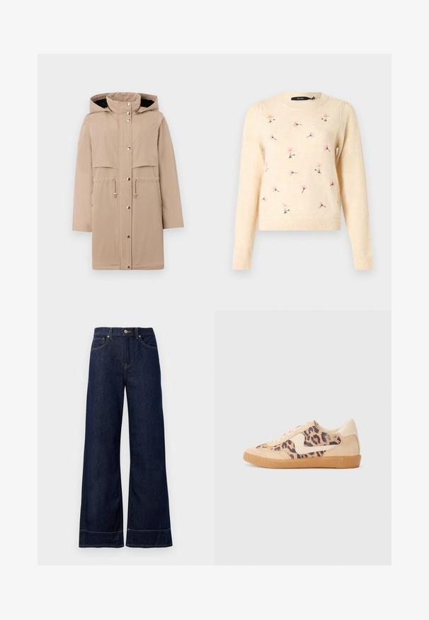 Beige vandtæt jakke med hætte, to frontlommer, justerbar talje og sølvfarvede trykknapper foran og ved manchetterne.; Kremfarvet sweater med rund halsudskæring, lange ærmer og blomsterbroderi i pink. Blød tekstur med ribstrikkede manchetter og kant.; Mørkeblå brede jeans lavet af denim. Har en knaplukning, stikninger og sidelommer. Udfoldet nederste kant.; Leopardprint sneakers med beige ruskindsoverdel, tan gummisål og hvide detaljer. Rund pegefinger og snørebåndsdesign med en tekstureret finish.