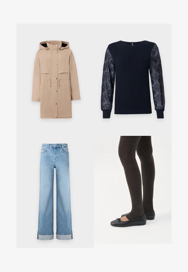 Beige vandtæt jakke med hætte, to frontlommer, justerbar talje og sølvfarvede trykknapper foran og ved manchetterne.; Marineblå striktrøje med gennemsigtigt blomsterlacemateriale på lange ærmer og ribbede manchetter, rund hals og lige kant.; Lyseblå, vide jeans i klassisk denim med høj talje, prydet med opbrettede kanter og synlig søm.; Ben iført mørke ribbede leggings kombineret med sorte balletsko med små sløjfedetaljer på hvid baggrund.