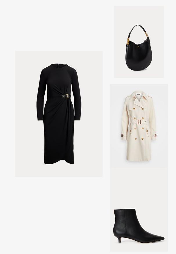 Beiger Trenchcoat aus leichtem Stoff, mit doppelter Knopfleiste, tailliertem Gürtel, großen Knöpfen und seitlichen Taschen.; Schwarzes Kleid mit langen Ärmeln, rundem Ausschnitt, gedrehtem Stoffdetail an der Taille und einem schwarz-goldenen Gürtel.; Schwarzer Lederknöchelstiefel mit spitzer Zehenpartie und niedrigem Kittenabsatz vor schlichtem hellgrauem Hintergrund.; Schwarze Lederhandtasche mit geschwungener Form, einem einzelnen oberen Griff und goldfarbenen Beschlägen, einschließlich Logo-Tag und kleinem Knopfdetail.