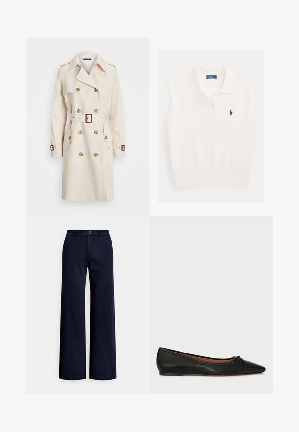 Beiger Trenchcoat aus leichtem Stoff, mit doppelter Knopfleiste, tailliertem Gürtel, großen Knöpfen und seitlichen Taschen.; Weißes ärmelloses Poloshirt mit Kragen, zwei Knöpfen und marineblauem Ralph Lauren Polo-Spieler-Logo auf der linken Brustseite.; Marineblaue, weit geschnittene Baumwollhose mit vorderer Knopfverschluss, Gürtelschlaufen und glatter, strukturierter Oberfläche.; Schwarze Leder-Ballerinas mit spitzem Zeh, schlanker Silhouette und einem kleinen Schleifendetail an der Vorderseite. Glatte Textur und minimalistisches Design.