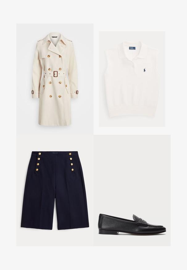 Beige trenchcoat lavet af letvægtsstof, med dobbeltradet design, bælte i taljen, store knapper og sidelommer.; Hvid ærmeløs polo med krave, to knapper og navyblåt Ralph Lauren polo-spillerlogo på venstre bryst.; Mørkeblå shorts til knæet med vide ben og dekorative gullige knapper på forlommerne.; Sorte læder loafers med struktureret finish, der har en dekorativ rem og flad hæl. Slank, minimalistisk design med rund tå.