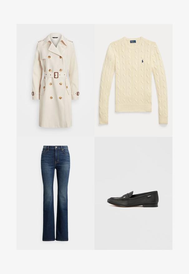 Beige trenchcoat lavet af letvægtsstof, med dobbeltradet design, bælte i taljen, store knapper og sidelommer.; Langærmet sweater i cremefarvet kabelstrik med rund hals og lille navyblåt Polo Ralph Lauren-logo på brystet.; Mørkeblå højhælede bootcut-jeans med høj talje, forreste knap og lommer, let falmede områder på lår og knæ, vist på hvid baggrund.; Sort læderloafer med tekstureret finish, penny keeper-detalje, slank profil, diskret branding på siden og lav, flad hæl.