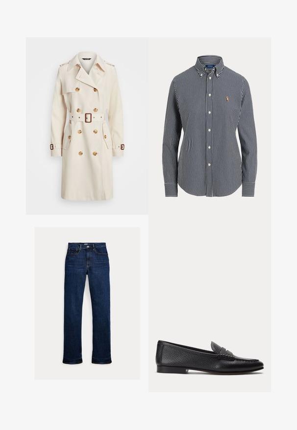 Beige trenchcoat lavet af letvægtsstof, med dobbeltradet design, bælte i taljen, store knapper og sidelommer.; Herre langærmet skjorte med knapper, med smalle lodrette navy og hvide striber og lille broderet logo på venstre bryst.; Mørkeblå straight-leg jeans med frontknap og lynlås, fem-lomme design og synlige syninger.; Sort tekstureret læderloafer med lav hæl og klassisk penny-stropdetalje, vist i profil mod en ensfarvet lys baggrund.