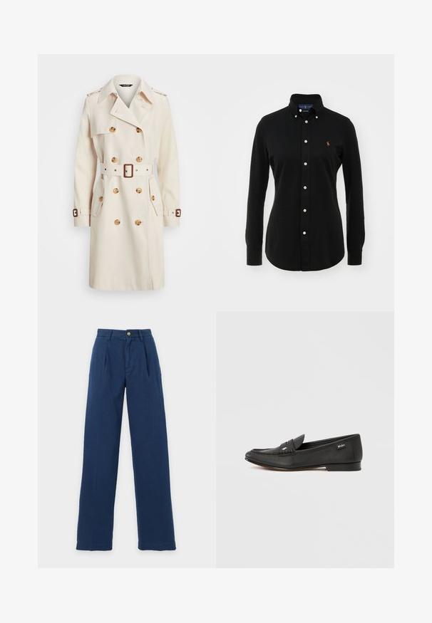 Beige trenchcoat lavet af letvægtsstof, med dobbeltradet design, bælte i taljen, store knapper og sidelommer.; Sort langærmet skjorte lavet af bomuld med krave, der kan knappes ned, prydet med hvide knapper og et lille broderet logo på brystet.; Marineblå bukser med lige ben, plisseringer, bæltestropper, knappelukning og lynlås på en ensartet lys baggrund.; Sort læderloafer med tekstureret finish, penny keeper-detalje, slank profil, diskret branding på siden og lav, flad hæl.