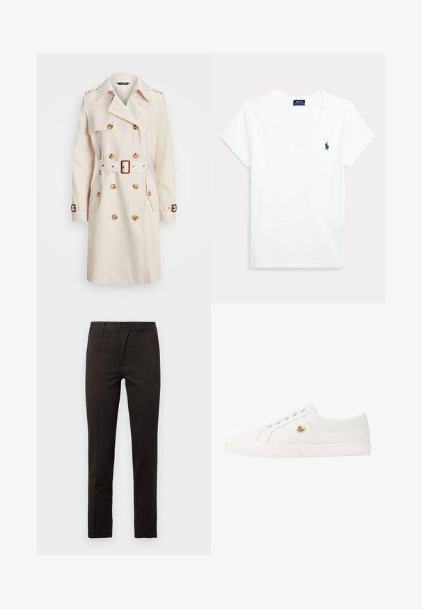 Beiger Trenchcoat aus leichtem Stoff, mit doppelter Knopfleiste, tailliertem Gürtel, großen Knöpfen und seitlichen Taschen.; Weißes kurzärmeliges V-Ausschnitt-T-Shirt mit kleinem marineblauem Polo Ralph Lauren-Logo auf der linken Brust.; Schwarze, gerade geschnittene Hose aus einem glatten Baumwollmischgewebe; mit vorderem Knopf, Reißverschluss und zwei seitlichen Taschen. Sauberes, minimalistisches Design.; Lauren Ralph Lauren JANSON II CANVAS SNEAKER - Sneaker low - optic white