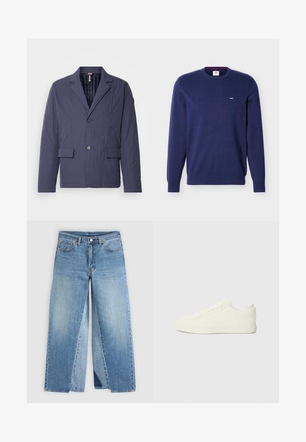 Tumesinine, kerge jope tekstuuri viimistlusega, ühe nööbiga disain, kaks esist patch-taskut ja tikitud sisemine vooder.; Tumesinine Levi's lahtine kampsun pikkade varrukatega ja väike valge Levi'si logo vasakul rinnal.; Sirged säärega sinist teksapükse klassikalise viie tasku disaini ja ees olevate nööpkinnitustega, esitatud lahtiselt neutraalsel taustal.; Valged tossud, millel on sile tekstuuriga pealne, ümar varvas ja traditsiooniline paeltega kinnitamine, minimalistlik disain ja kummist tallad.