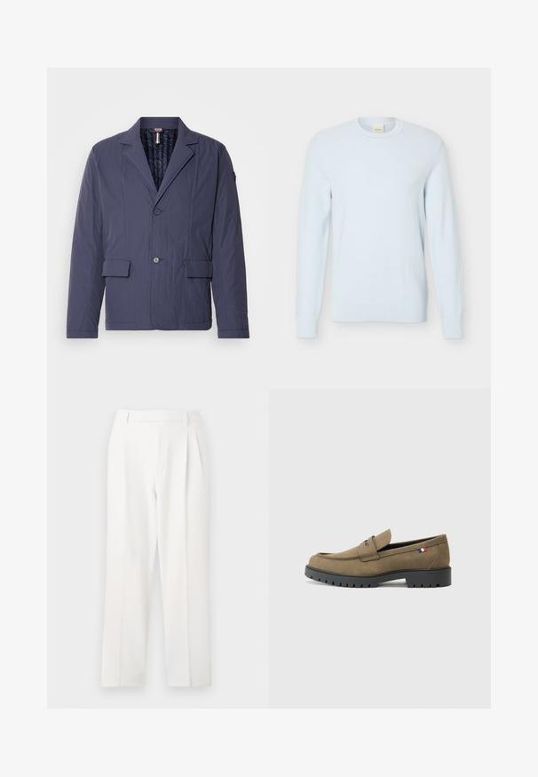 Marineblaue, leichte Jacke mit strukturiertem Finish, einreihigem Design, zwei aufgesetzten Fronttaschen und gestepptem Innenfutter.; Hellblauer, langärmliger Strickpullover mit Rundhalsausschnitt und strukturiertem Muster, vor einem schlichten weißen Hintergrund präsentiert.; Weisse, maßgeschneiderte Hose mit geradem Bein, mit Falten, flachem Front und glatter Stoffstruktur. Keine sichtbaren Taschen oder Akzente.; Braune WildlederSlipper mit runder Zehenpartie, schwarzer Gummisohle und dekorativer Naht. Enthält ein kleines rotes, weißes und blaues Flaggenakzent.