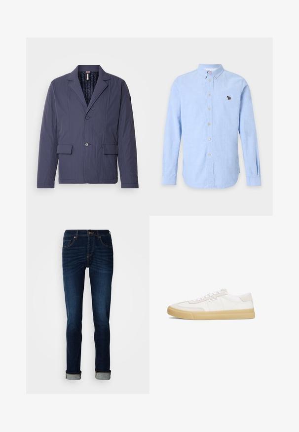 Marineblaue, leichte Jacke mit strukturiertem Finish, einreihigem Design, zwei aufgesetzten Fronttaschen und gestepptem Innenfutter.; Hellblaues Hemd mit langen Ärmeln, durchgehendem Knopfverschluss, Button-Down-Kragen und kleinem buntem Sticklogo auf der linken Brust.; Dunkelblaue Jeans mit geradem Bein, Reißverschluss und umgeschlagenem Saum. Aus Denim mit leichter Ausbleichung und kontrastierenden Nähtelementen gefertigt.; Weiße Sneaker aus Leder und Wildleder, mit einem Schnürdesign, einer hellbraunen Gummisohle und einem kleinen Logo an der Seite.