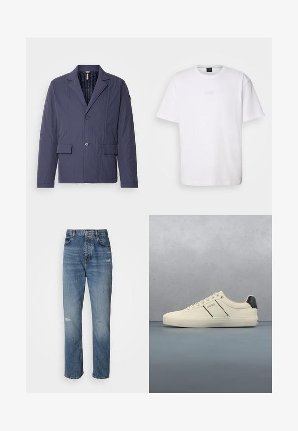 Chaqueta ligera de color azul marino con un acabado texturizado, diseño de un solo botón, dos bolsillos frontales con parche y un forro interior acolchado.; Camiseta de algodón blanca de manga corta, con escote redondo y logotipo grabado de "BOSS" en el pecho. Textura suave, ajuste estándar.; Jeans de mezclilla de color azul claro con un diseño de pierna recta, que cuentan con un cierre de botón y cremallera, cinco bolsillos y detalles deshilachados cerca de la rodilla.; Zapatillas de color crema con una textura suave, que presentan acentos y marcas en negro. Diseño clásico de cordones con punta redonda y suela de goma.