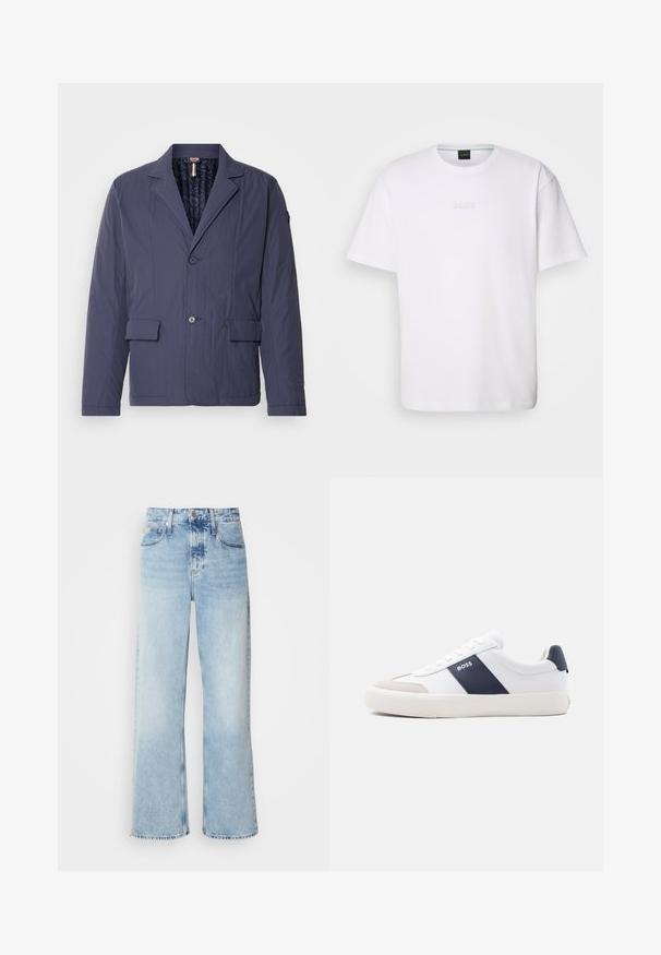 Marineblaue, leichte Jacke mit strukturiertem Finish, einreihigem Design, zwei aufgesetzten Fronttaschen und gestepptem Innenfutter.; Weißes Baumwoll-T-Shirt mit kurzen Ärmeln, rundem Ausschnitt und geprägtem "BOSS"-Logo auf der Brust. Glatte Textur, normale Passform.; Helle blaue weite Jeans mit hoher Taille, in verwaschenem Finish, mit Gürtelschlaufen und klassischem Fünf-Taschen-Design. Der Saum ist ungesäumt.; Weißer Sneaker mit niedrigem Schaft, marineblauem Seitenstreifen, "BOSS" Logo, beiger Zehenkappe und weißer Sohle, seitlich auf hellem Hintergrund gezeigt.