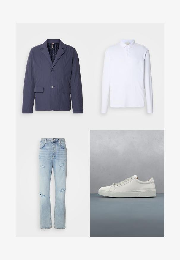 Marineblauwe, lichtgewicht jas met een gestructureerde afwerking, enkelvoudige knoopsluiting, twee voorzakken en een gewatteerde binnenvoering.; Wit poloshirt met lange mouwen van zachte stof, met een klassieke kraag, een drie-knopen sluiting en een subtiele logo op de borst.; Licht gewassen denim jeans met een ontspannen pasvorm, voorzien van versleten plekken en rafelige randen. De stof heeft een zachte, gladde textuur.; Witte leren sneaker met een ronde neus, minimalistisch ontwerp, grijze veters en een gestructureerde grijze rubberen zool. Fijne stikdetails zichtbaar.