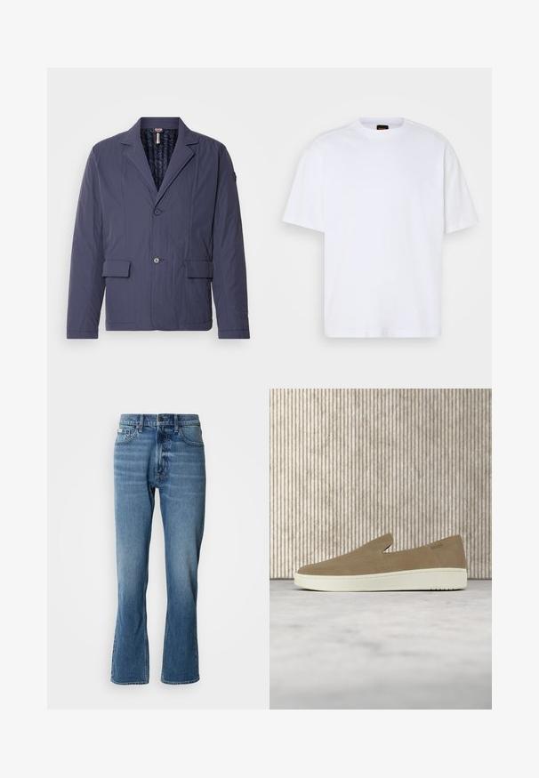 Marineblauwe, lichtgewicht jas met een gestructureerde afwerking, enkelvoudige knoopsluiting, twee voorzakken en een gewatteerde binnenvoering.; Witte katoenen T-shirt met ronde hals, korte mouwen en een ontspannen pasvorm. Heeft textuur op de schoudernaden voor extra detail.; Lichtblauwe denim jeans met een rechte snit en een lichte flare. Beschikt over vijf zakken, een knoopsluiting en subtiele wassingdetails.; Beige instapper met witte zool, zwevend in de lucht boven een licht tapijt met amberkleurig transparant meubilair op de achtergrond.