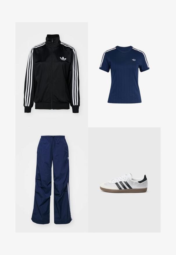 Chaqueta negra con cierre zip y cuello alto, con acentos en blanco con tres rayas en las mangas y logo bordado en el pecho. Tejido suave y deportivo.; Camiseta deportiva de manga corta azul marino con tres franjas blancas en los hombros y pequeño logo blanco de Adidas trefoil en el pecho.; Pantalones de color azul marino, ligeros, con cintura elástica y cordón ajustable, con franjas blancas laterales y un pequeño logo en la parte delantera. Diseño de corte holgado.; Zapatilla blanca de malla con rayas negras, puntera y detalle en el talón de ante beige, suela de goma texturizada y cordones blancos. Diseño clásico de corte bajo.