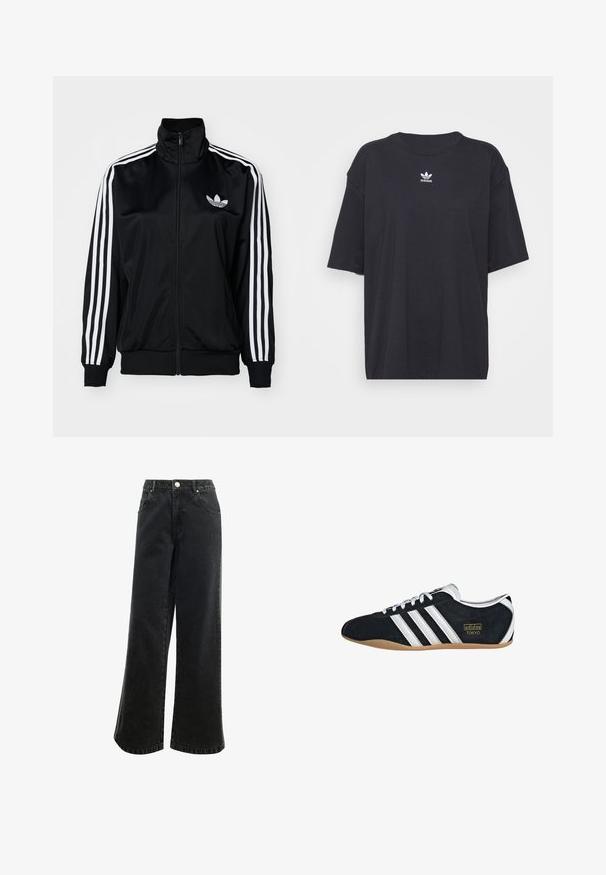 Veste zippée noire à col haut, avec des accents de trois bandes blanches sur les manches et un logo brodé sur la poitrine. Tissu lisse et sportif.; T-shirt en coton noir à manches courtes, col rond, avec un logo Adidas blanc sur la poitrine. Design simple, coupe décontractée.; Pantalons en denim noir à taille haute et jambe large avec une fermeture à bouton, cinq poches et un petit logo brodé à l'avant. Tissu texturé.; Sneakers en suede noir avec trois bandes blanches, logo doré et semelle en caoutchouc marron. Présente un design à lacets à profil bas.