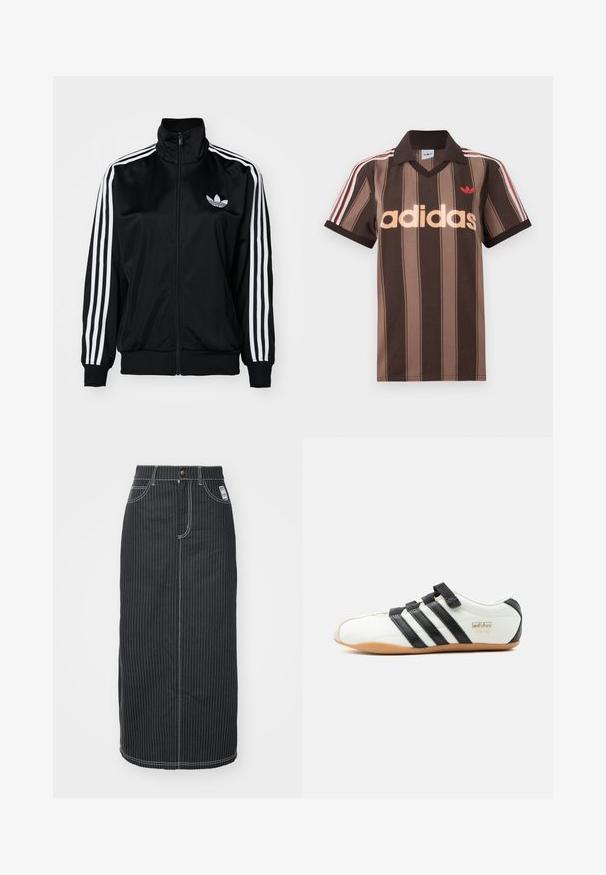 Zwarte jack met rits en hoge kraag, met witte drie-streep accenten op de mouwen en geborduurd logo op de borst. Gladde, sportieve stof.; Bruine gestreepte Adidas polo met V-hals, bordeauxrode kraag en rood logo. Heeft witte en rode schouderstrepen, korte mouwen.; Zwarte denim midi-rok met witte verticale strepen. Heeft een knoop taille, twee voorzakken en contrasterende stiksels. Rechte snit.; Witte Adidas Tokyo sneaker met zwarte strepen, zwarte klittenbandsluitingen en een gumzool, zijaanzicht op een witte achtergrond.