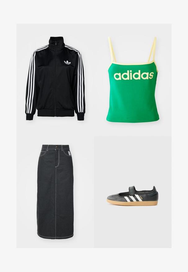 Chaqueta negra con cierre zip y cuello alto, con acentos en blanco con tres rayas en las mangas y logo bordado en el pecho. Tejido suave y deportivo.; Top verde con detalles amarillos, hecho de material elástico. Presenta un gran logo de "adidas" amarillo en el frente y tirantes delgados.; Falda midi de mezclilla negra con rayas verticales blancas. Presenta una cintura con botones, dos bolsillos delanteros y costuras de contraste. Diseño ajustado recto.; Zapatilla de deporte de cuero negro y ante con una correa de Velcro, que presenta tres rayas blancas y una suela de goma, etiquetada "SAMBA" en el lateral.