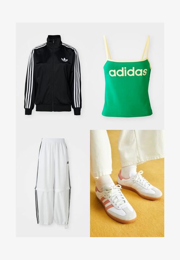Veste zippée noire à col haut, avec des accents de trois bandes blanches sur les manches et un logo brodé sur la poitrine. Tissu lisse et sportif.; Débardeur vert avec des accents jaunes, fabriqué dans un matériau extensible. Présente un grand logo "adidas" jaune sur le devant et des bretelles fines.; Pantalons de sport blancs avec une coupe décontractée, une taille élastique et des rayures noires sur les côtés. Équipés de poches avec fermeture éclair et de poignets élastiques aux chevilles.; Baskets blanches avec des accents roses, en matériaux de daim et de cuir, à bout rond et semelle en caoutchouc, présentées avec des chaussettes claires sur un fond jaune.