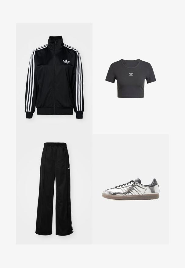 Chaqueta negra con cierre zip y cuello alto, con acentos en blanco con tres rayas en las mangas y logo bordado en el pecho. Tejido suave y deportivo.; Camiseta negra corta con mangas cortas, textura acanalada y escote redondo. Presenta un pequeño logo blanco de Adidas en el pecho.; Pantalones de chándal negros de pierna ancha con cinturilla elástica, que cuentan con rayas laterales blancas y un pequeño logo en la cadera izquierda. Textura de tela suave.; Zapatilla baja con parte superior plateada reflectante, cordones y talón negros, y suela de goma beige sobre un fondo claro y liso.