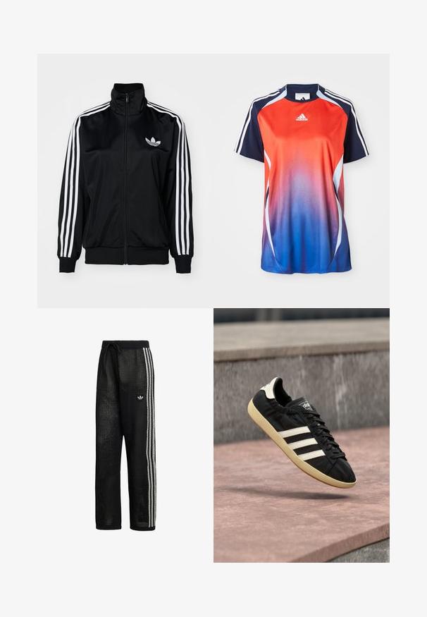 Čierna zipová bunda s vysokým golierom, s bielymi trojprúžkovými akcentmi na rukávoch a vyšitým logom na hrudi. Hladká, športová látka.; Adidas športová košeľa s krátkym rukávom s gradientom od červenej po modrú, s námorníckymi akcentmi a bielymi pruhmi pozdĺž ramien.; Čierne športové nohavice z oka s voľným strihom, s kontrastnými bielymi pruhmi na bokoch a vyšívaným logom na ľavom stehne. Elastický pás.; Čierna teniska Adidas s bielymi pruhmi a béžovou podrážkou, zachytená vo vzduchu nad kamenným povrchom a kamennou stenou v pozadí.