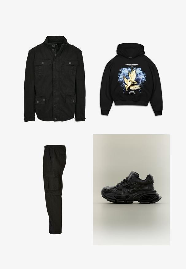 Veste noire en coton avec fermeture éclair et bouton, dotée de deux poches poitrine et de deux poches latérales, col structuré et poignets à boutons.; Sweat-shirt à capuche noir avec un imprimé graphique de colombes sur un fond bleu orageux avec des éclairs. Le texte indique "RÊVES VINTAGE."; Pantalons cargo noirs avec une coupe décontractée, une taille élastique, des poches latérales et une grande poche cargo sur la cuisse. Tissu doux et léger.; Baskets noires épaisses avec un design texturé, semelle épaisse et fermeture à lacets, présentées sur un fond neutre uni.
