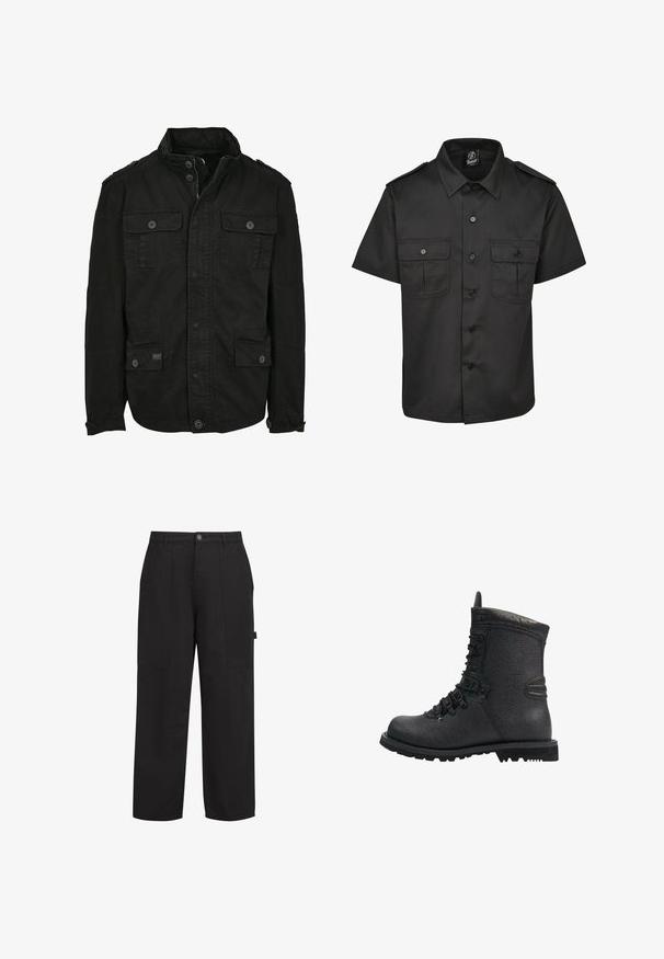 Schwarze Jacke aus Baumwolle mit Reißverschluss- und Druckknopfverschluss, ausgestattet mit zwei Brusttaschen und zwei Seitentaschen, strukturiertem Kragen und Knopfmanschetten.; Schwarzes kurzärmliges Hemd aus glattem Material mit Knopfverschluss auf der Vorderseite, zwei Brusttaschen und Schulterklappen.; Schwarze Baumwollhose mit lässiger Passform, ausgestattet mit zwei Fronttaschen, einem Reißverschluss und einem sichtbaren Knopf. Glatte Textur, gerades Bein-Design.; Schwarzer Leder-Wanderstiefel mit strukturierter Oberfläche, gepolstertem Kragen und dicker Gummisohle. Verfügt über Metallösen und kontrastierende schwarze Akzente.