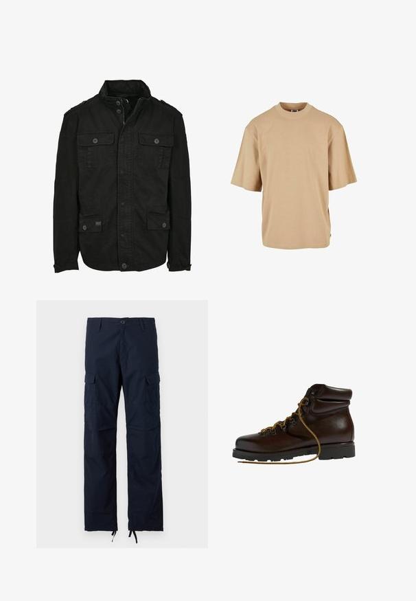 Sort jakke lavet af bomuld med lynlås- og knaplukning, der har to brystlommer og to sidelommer, struktureret krave og knapmanchetter.; Beige kortærmet T-shirt med rund hals, løs pasform og sidesløft. Fremstillet af blødt bomuldsmateriale. Ingen mønstre eller grafik.; Navy cargobukser med knaplukning, bæltestropper, sidelommer med klap og justerbare snore forneden ved anklerne.; Brun læder vandrestøvle med en afrundet tå, tekstureret overflade, gule snørebånd og metaløjer. Har en robust sort gummisål.