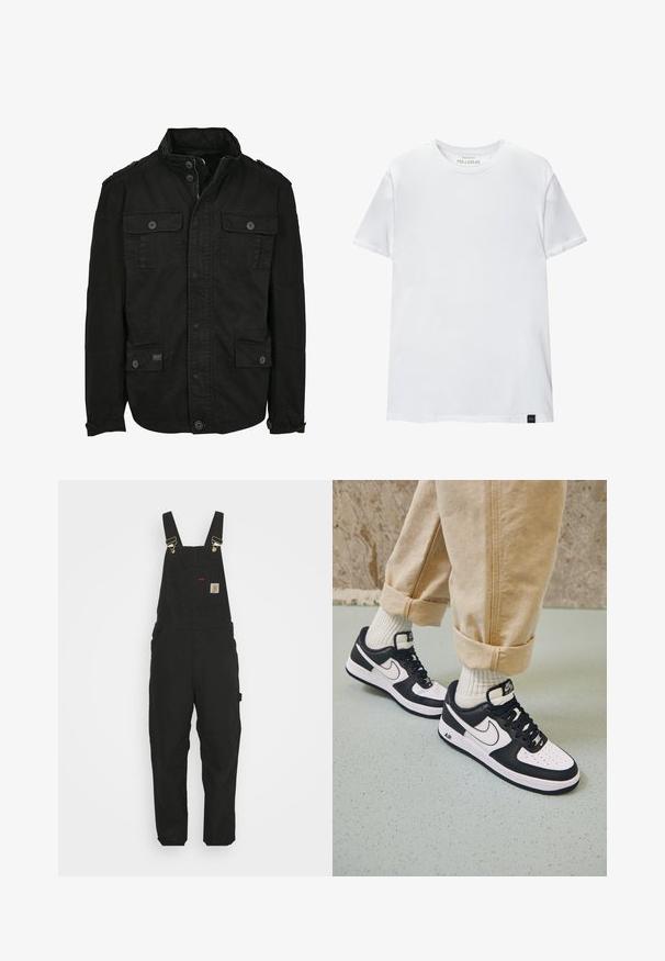 Schwarze Jacke aus Baumwolle mit Reißverschluss- und Druckknopfverschluss, ausgestattet mit zwei Brusttaschen und zwei Seitentaschen, strukturiertem Kragen und Knopfmanschetten.; Weißes Muskel-fitt T-Shirt aus Baumwolle. Rundhals, kurze Ärmel, glatte Textur. Kleines schwarzes Logo-Tag am Saum. Schlichtes Design.; Schwarze Baumwoll-Latzhosen mit verstellbaren Trägern, einer Fronttasche mit Logo-Patch und zwei Seitentaschen im entspannten Schnitt.; Schwarz-weiße Nike Air Force 1 Sneaker mit einem Obermaterial aus Leder, perforierter Zehenpartie und strukturiertem Sohlendesign, getragen mit aufgerollten beigen Hosen und weißen Socken.