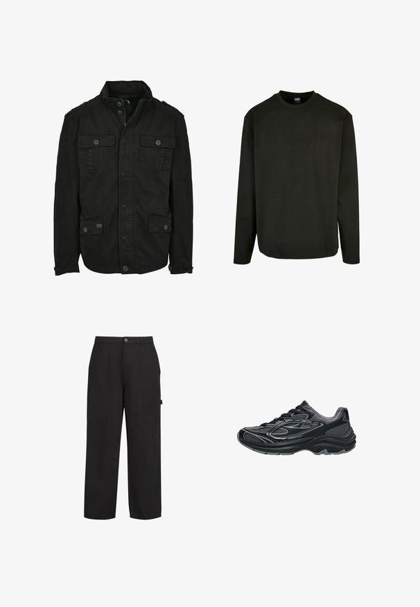 Schwarze Jacke aus Baumwolle mit Reißverschluss- und Druckknopfverschluss, ausgestattet mit zwei Brusttaschen und zwei Seitentaschen, strukturiertem Kragen und Knopfmanschetten.; Schwarzes Langarm-T-Shirt aus Baumwolle mit Rundhalsausschnitt und geradem Saum. Minimalistisches Design ohne Muster oder Akzente.; Schwarze Baumwollhose mit lässiger Passform, ausgestattet mit zwei Fronttaschen, einem Reißverschluss und einem sichtbaren Knopf. Glatte Textur, gerades Bein-Design.; Schwarzer Sportschuh mit Netzpaneelen, Gummisohle, Schnürdesign und reflektierenden Akzenten. Gewölbte Form mit strukturierten Überzügen.