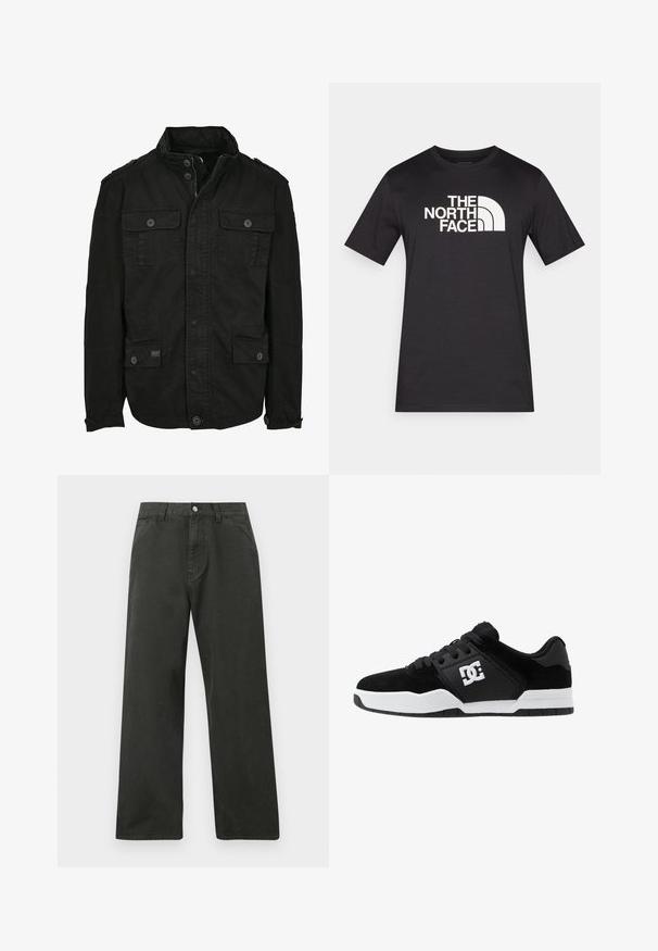 Zwarte jas van katoen met een ritssluiting en knoopsluiting, voorzien van twee borstzakken en twee zijzakken, een gestructureerde kraag en knoopmanchetten.; Zwart T-shirt met korte mouwen gemaakt van katoen, met een opvallend wit logo van "THE NORTH FACE" over de borst.; Zwarte broek met rechte pijpen, voorkantzakken, lussen voor een riem en een knoopsluiting in de taille.; Zwarte suède skate schoenen met een witte rubberen zool, met een opvallend wit logo aan de zijkant en zwarte veters. Laag profiel ontwerp.
