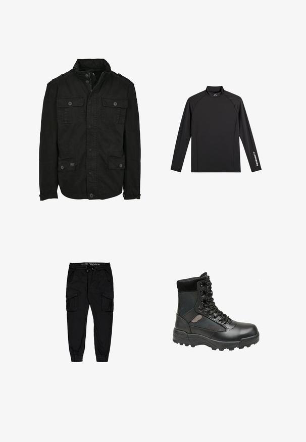 Veste noire en coton avec fermeture éclair et bouton, dotée de deux poches poitrine et de deux poches latérales, col structuré et poignets à boutons.; Haut de sport noir à manches longues avec col montant, coupe ajustée, et logo blanc "J.Lindeberg" sur la manche gauche et le col.; Pantalons cargo noirs en tissu léger, dotés d'une taille élastique, d'un cordon de serrage et de plusieurs poches latérales avec des poignets fuselés.; Botte militaire noire avec tige en cuir, panneaux en tissu, fermeture à lacets avant et semelle en caoutchouc robuste pour une meilleure traction. Embout renforcé et soutien de la cheville.