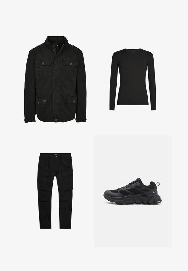Schwarze Jacke aus Baumwolle mit Reißverschluss- und Druckknopfverschluss, ausgestattet mit zwei Brusttaschen und zwei Seitentaschen, strukturiertem Kragen und Knopfmanschetten.; Schwarzes, langärmeliges, figurbetontes T-Shirt mit Rundhalsausschnitt und dezentem Icebreaker-Logo auf dem linken Ärmel, dargestellt vor weißem Hintergrund.; Schwarze Cargohose mit mehreren Klappentaschen vorne und an den Seiten, Knopfverschluss und Gürtelschlaufen, flach auf weißem Hintergrund ausgelegt.; Schwarze Sportschuhe mit einer robusten Sohle, Obermaterial aus Mesh und Synthetik, strukturierten Akzenten und Vibram-Branding an der Außensohle.