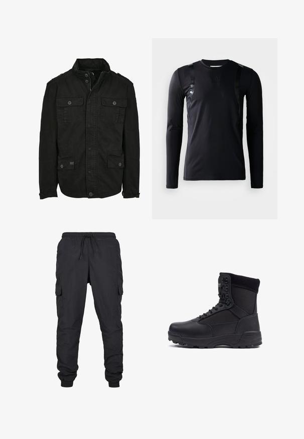 Veste noire en coton avec fermeture éclair et bouton, dotée de deux poches poitrine et de deux poches latérales, col structuré et poignets à boutons.; T-shirt de sport à manches longues noir en tissu lisse et extensible. Présente des accents noirs brillants sur les épaules et un logo Adidas sur la poitrine.; Pantalons cargo noirs avec une taille élastique et un cordon de serrage, comprenant des poches latérales et des ourlets à manches. Fabriqués dans un tissu léger et durable.; Botte tactique noire avec une tige en cuir lisse et des panneaux en tissu, design montante, fermeture à lacets à l'avant et semelle en caoutchouc robuste.