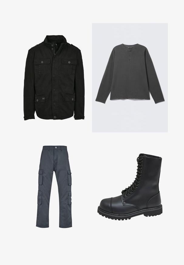 Schwarze Jacke aus Baumwolle mit Reißverschluss- und Druckknopfverschluss, ausgestattet mit zwei Brusttaschen und zwei Seitentaschen, strukturiertem Kragen und Knopfmanschetten.; Dunkelgraues Langarm-Henley-Shirt mit rundem Ausschnitt und drei Knöpfen an der vorderen Blende.; Dunkelgraue Cargo-Hosen mit geradem Bein, ausgestattet mit mehreren Seitentaschen und einem vorderen Knopfverschluss. Hergestellt aus strapazierfähigem Stoff.; Schwarze Lederkampfstiefel mit hohem Schaft, Schnürung an der Vorderseite, gepolstertem Kragen und rutschfester, strukturierter Sohle für guten Halt. Mit verstärkter Zehenkappe.