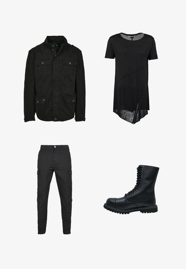 Schwarze Jacke aus Baumwolle mit Reißverschluss- und Druckknopfverschluss, ausgestattet mit zwei Brusttaschen und zwei Seitentaschen, strukturiertem Kragen und Knopfmanschetten.; Schwarzes T-Shirt mit kurzen Ärmeln und Rundhalsausschnitt, asymmetrischem Saum, transparenter Textur und seitlichem Reißverschluss. Weicher, leichter Stoff.; Schwarze Cargo-Hosen aus strapazierfähigem Stoff. Verfügt über mehrere Seitentaschen, einen Knopfverschluss und ein tailliertes Bein-Design. Flacher Frontschnitt, keine Muster.; Schwarze Leder Schnürstiefel mit runder Zehenkappe, hohem Schaft, dicker Gummisohle und texturierter Oberfläche. Enthält verstärkte Nähte entlang der Nähte.
