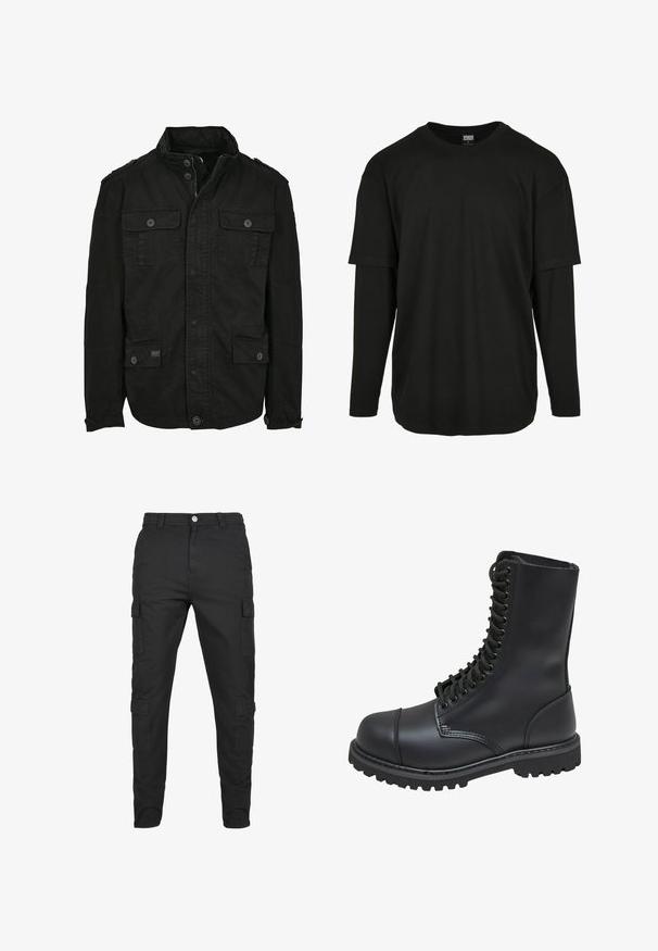 Schwarze Jacke aus Baumwolle mit Reißverschluss- und Druckknopfverschluss, ausgestattet mit zwei Brusttaschen und zwei Seitentaschen, strukturiertem Kragen und Knopfmanschetten.; Urban Classics OVERSIZED SHAPED DOUBLE LAYER LS TEE - Langarmshirt - black/black; Schwarze Cargo-Hosen aus strapazierfähigem Stoff. Verfügt über mehrere Seitentaschen, einen Knopfverschluss und ein tailliertes Bein-Design. Flacher Frontschnitt, keine Muster.; Schwarze Lederkampfstiefel mit hohem Schaft, Schnürung an der Vorderseite, gepolstertem Kragen und rutschfester, strukturierter Sohle für guten Halt. Mit verstärkter Zehenkappe.