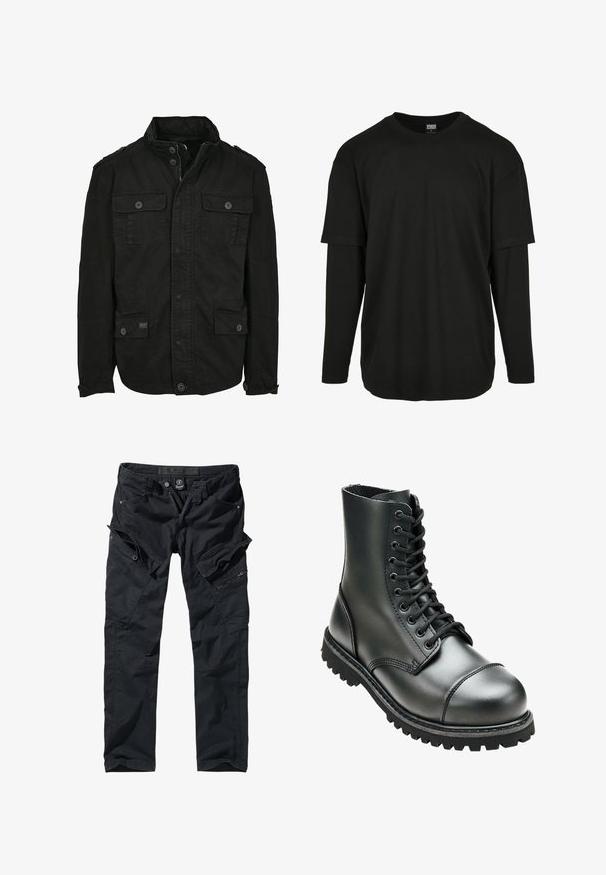 Veste noire en coton avec fermeture éclair et bouton, dotée de deux poches poitrine et de deux poches latérales, col structuré et poignets à boutons.; Urban Classics OVERSIZED SHAPED DOUBLE LAYER LS TEE - T-shirt à manches longues - black/black; Pantalons cargo noirs en tissu durable, dotés de multiples poches, de fermetures éclair et d'une taille ajustable pour un confort et une utilité optimaux.; Botte de combat en cuir noir avec une tige haute, bout rond, laçage sur le devant et semelle en caoutchouc robuste avec un profil de crantage profond pour une meilleure adhérence.
