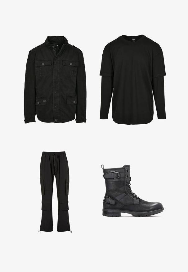 Veste noire en coton avec fermeture éclair et bouton, dotée de deux poches poitrine et de deux poches latérales, col structuré et poignets à boutons.; Urban Classics OVERSIZED SHAPED DOUBLE LAYER LS TEE - T-shirt à manches longues - black/black; Pantalons cargo noirs en tissu doux, avec plusieurs poches latérales, une taille élastique avec cordon de serrage, et des jambes fuselées avec ourlets ajustables.; Kazar HEARD - Bottines de cowboy / motard - black