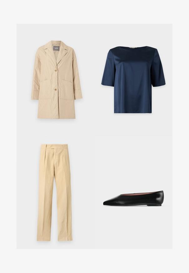 Beige knee-length coat with lapel collar, two front pockets, and two-button closure, displayed on a plain white background.; Navy blue satin short-sleeve blouse with a round neckline and a loose fit shown against a plain background.; Beige straight-leg pants with a button and zip closure, front pleats, and side pockets against a plain background.; Black leather women's flat shoe with pointed toe and low heel, shown from side on plain light gray background.