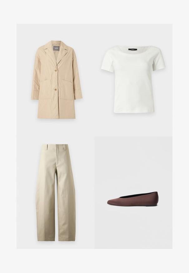 Beige knee-length coat with lapel collar, two front pockets, and two-button closure, displayed on a plain white background.; White short-sleeve cotton women's top with a wide round neckline on a plain light background.; Beige high-waist wide-leg trousers with belt loops, front zip closure, and a smooth, structured fabric finish.; Brown fabric ballet flats with a pointed toe and smooth texture, featuring a low back and a thin black sole. No visible patterns or hardware.