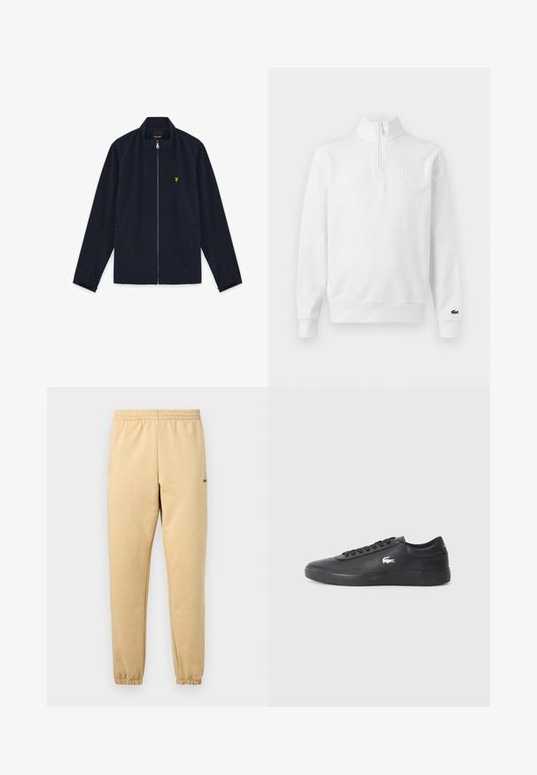 Veste zippée bleu marine avec col montant, manches longues, poches latérales et petit logo brodé jaune sur la poitrine.; Sweat-shirt blanc à manches longues avec fermeture éclair au quart, col montant, poignets et ourlet côtelés, logo Lacoste sur le poignet et écusson sur la poitrine à l'avant.; Pantalon de jogging beige avec taille élastique et poignets, arborant un petit logo crocodile vert brodé sur la cuisse droite.; Sneaker en cuir noir avec bout arrondi, semelle plate et logo blanc sur le côté. Présente des lacets noirs et une finition lisse et mate.