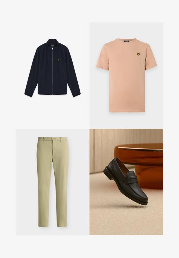 Veste zippée bleu marine avec col montant, manches longues, poches latérales et petit logo brodé jaune sur la poitrine.; T-shirt en coton pêche clair avec col rond, manches courtes, et petit logo brodé d'un papillon jaune sur le côté gauche de la poitrine.; Pantalon beige droit avec fermeture par bouton et zip, passants pour ceinture, sans poches visibles, présenté sur un fond uni.; Mocassin homme en cuir noir avec une bande sur le dessus, présenté sur un tapis beige près d'une table ronde moderne marron.