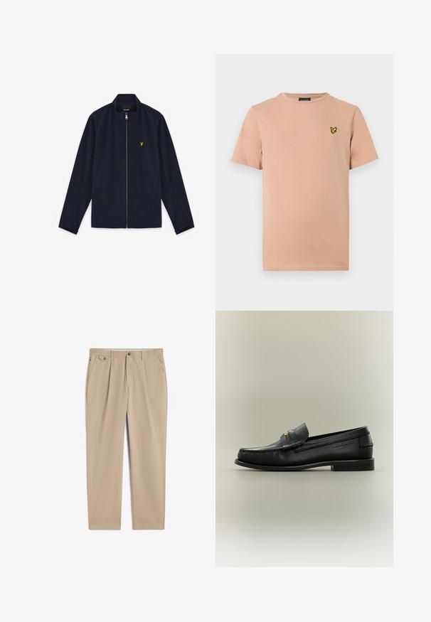 Veste zippée bleu marine avec col montant, manches longues, poches latérales et petit logo brodé jaune sur la poitrine.; T-shirt en coton pêche clair avec col rond, manches courtes, et petit logo brodé d'un papillon jaune sur le côté gauche de la poitrine.; Pantalon beige à jambes droites avec passants de ceinture, fermeture avant par bouton et zip, poches latérales et détail plissé près de la taille.; Mocassin noir en cuir à enfiler avec petit talon, boucle dorée et nom de marque embossé sur le côté sur fond neutre.