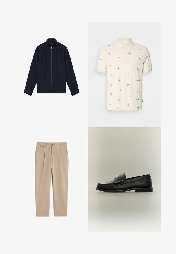 Veste zippée bleu marine avec col montant, manches longues, poches latérales et petit logo brodé jaune sur la poitrine.; Polo crème à manches courtes avec col et boutons, ornée de petits motifs nautiques bleu marine représentant des voiliers, des ancres et des dauphins.; Pantalon beige à jambes droites avec passants de ceinture, fermeture avant par bouton et zip, poches latérales et détail plissé près de la taille.; Mocassin noir en cuir à enfiler avec petit talon, boucle dorée et nom de marque embossé sur le côté sur fond neutre.