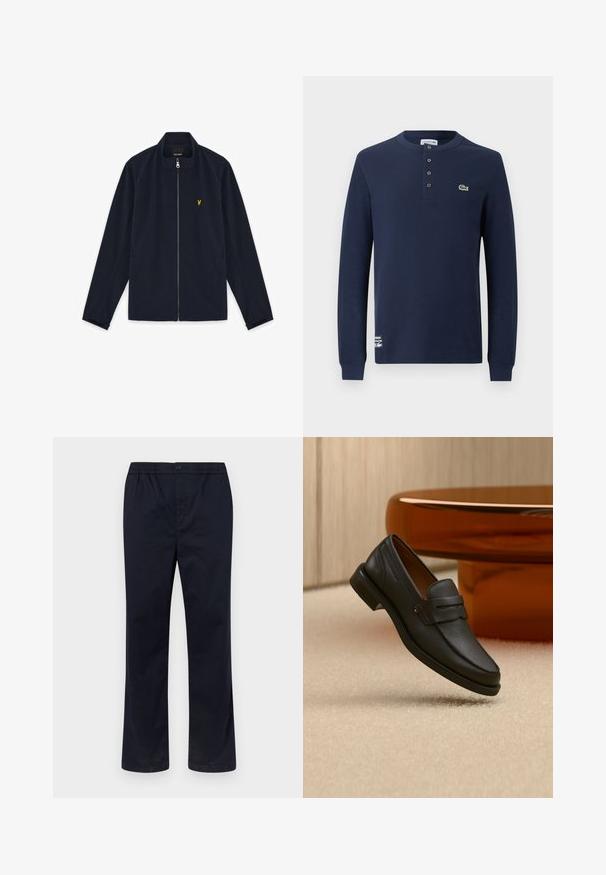 Veste zippée bleu marine avec col montant, manches longues, poches latérales et petit logo brodé jaune sur la poitrine.; Chemise henley bleu marine à manches longues avec texture côtelée, quatre boutons, logo crocodile Lacoste sur la poitrine et étiquette de la marque près de l'ourlet.; Pantalon pour homme bleu marine avec ceinture élastique, fermeture par bouton et coupe droite, sur un fond uni clair.; Mocassin homme en cuir noir avec une bande sur le dessus, présenté sur un tapis beige près d'une table ronde moderne marron.